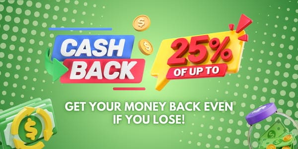 Promotional banner showing daily reload bonus and weekly cashback rewards